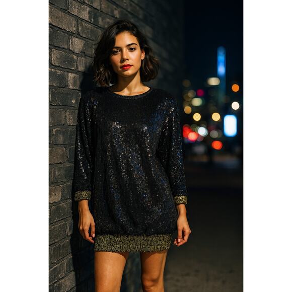 Lillie Rubin Sequin Bubble Dress 80s Black Gold sz Small - Picture 16 of 16